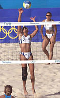 Picture taken during the 2000 Olympic Games in Sydney, Australia. The Greek Women's Beach Volleybal Team, Efi Sfyri and Vasso Karantassiou, in action  International Volleyball Federation