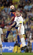 Picture from a men's football game between Spain and USA at the 2000 Olympic Games in Sydney.  Allsport