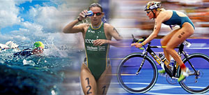 Cluster of pictures depicting triathletes in the three events. Swimming on the left, running at the centre and biking on the right